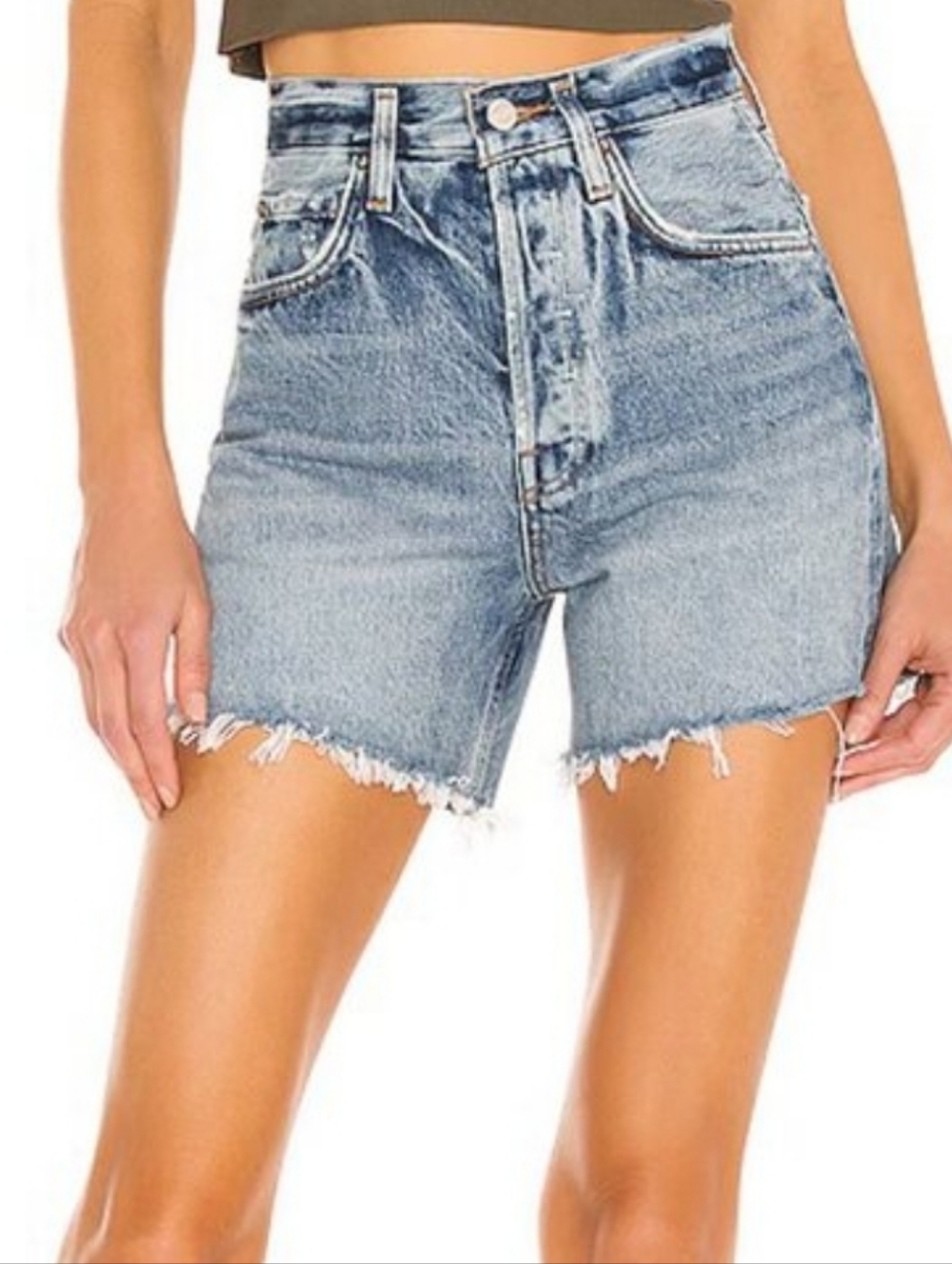 Agolde Womens Cut-Off Blue Denim Shorts Riley Button Fly High Rise Cotton Sz 27